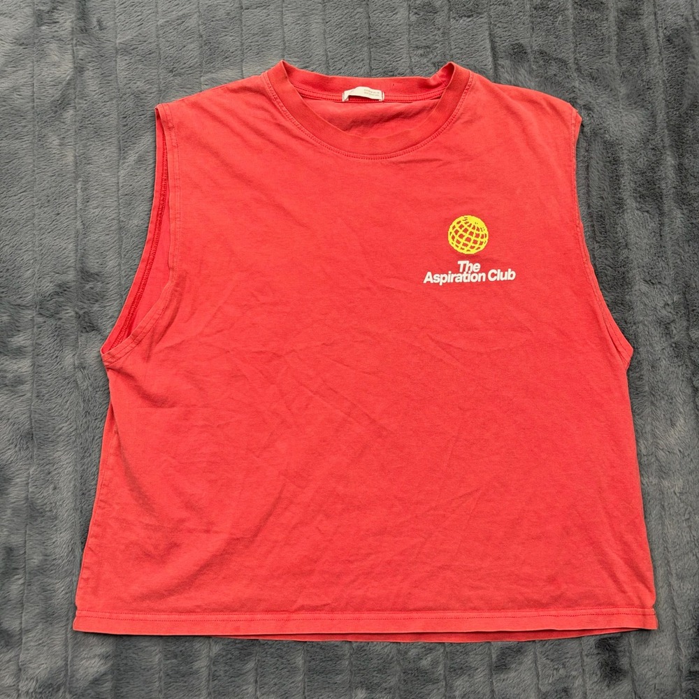 Zara The Aspiration Club Graphic Muscle Tee Red Orange Mens Medium Sleeveless